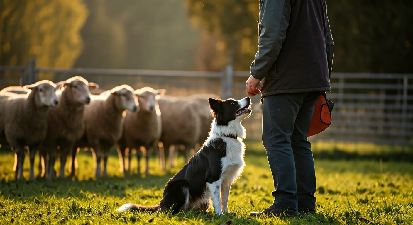 Handler training Border Collie bidability with sheep