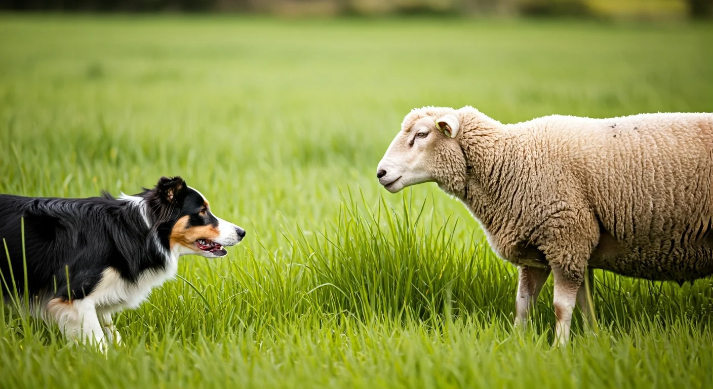 Border Collie in herding crouch watching livestock